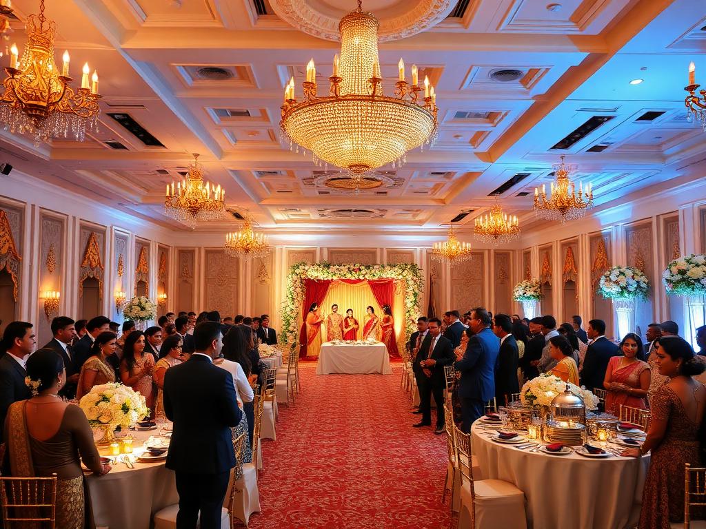 Wedding banquet hall with chandeliers